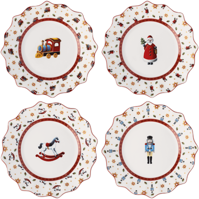 Speiseteller VILLEROY & BOCH "Toy's Delight Jubiläums-Teller Set 4tlg. 24x3cm", bunt, H:3cm Ø:24,4cm, Porzellan, Speiseteller, Speiseteller, Premium Porzellan