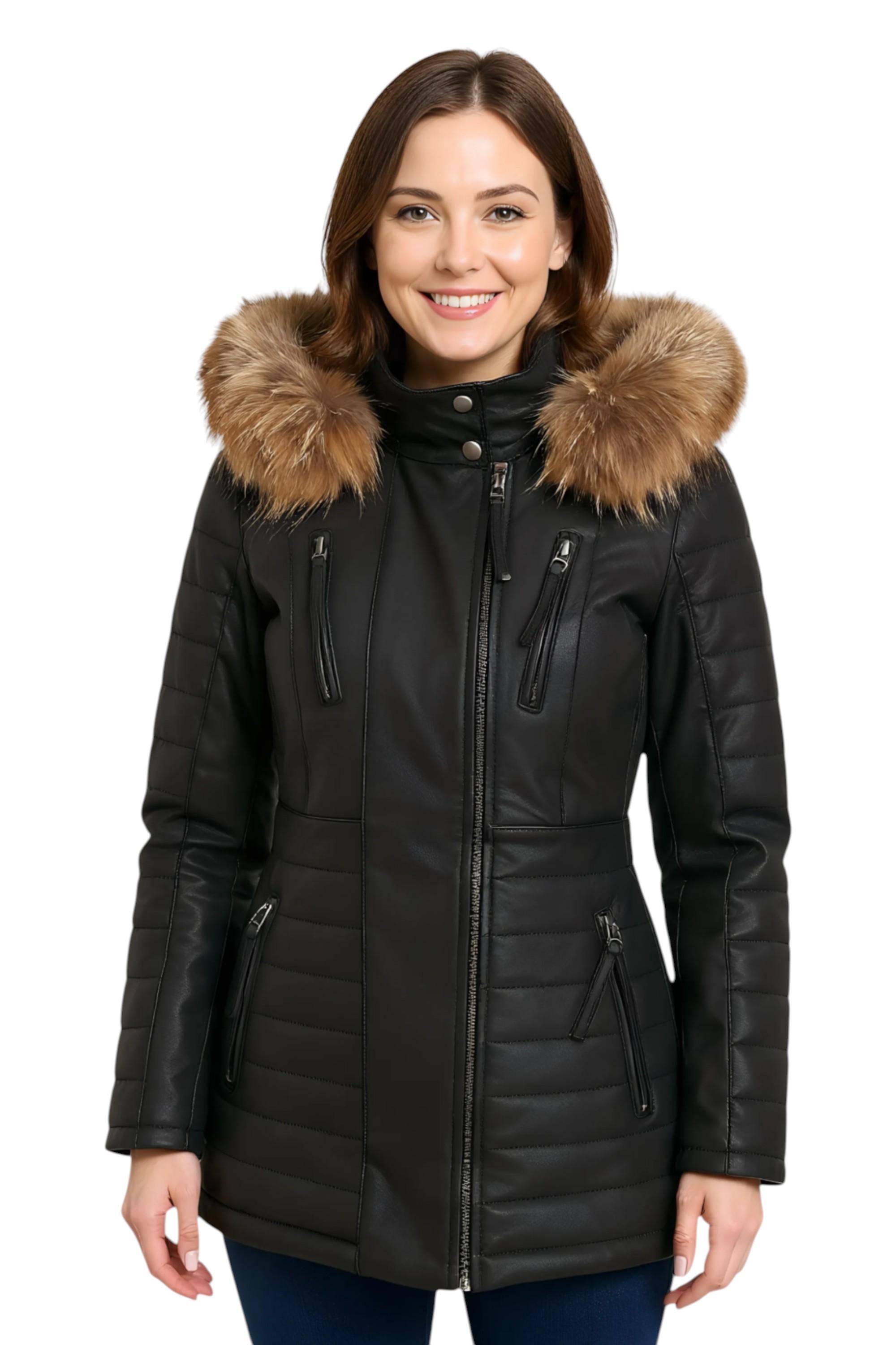 Dames Zwarte Gewatteerde Leren Parka Jas - Bowen
