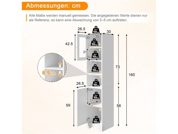 Armoire Haute 2 Portes 2 Étagères Ouvertes et Rangement Fermé - HAVRYA - Porte Vitrée Blanche 35×30×160 cm