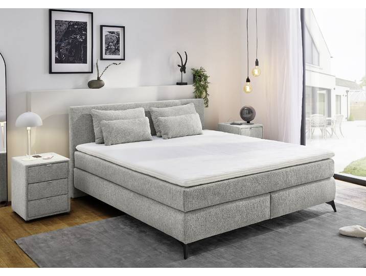 Boxspringbett, Grau, 180x200 cm, Chenille, Inkl. Topper & Kissen, Modern, Jockenhöfer