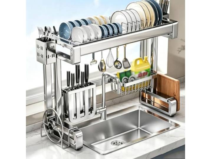 Edelstahl Abtropfgestell über Spüle,Organizer-Gestell für die Küchenspüle Abtropfgestell für die Küchenarbeitsplatte，Multifunktionaler Organizer，Geschirrabtropfgestell(A,97cm/38.2in)