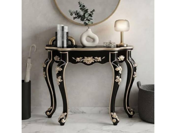 Französischer Landhaus Konsolentisch, Vintage Schnitzerei Flurtisch Mit Blumenornamenten und Geschwungenen Beinen,Eleganter Holztisch als Sofatisch(Black,L101xw36cm/l39.7xw14in)