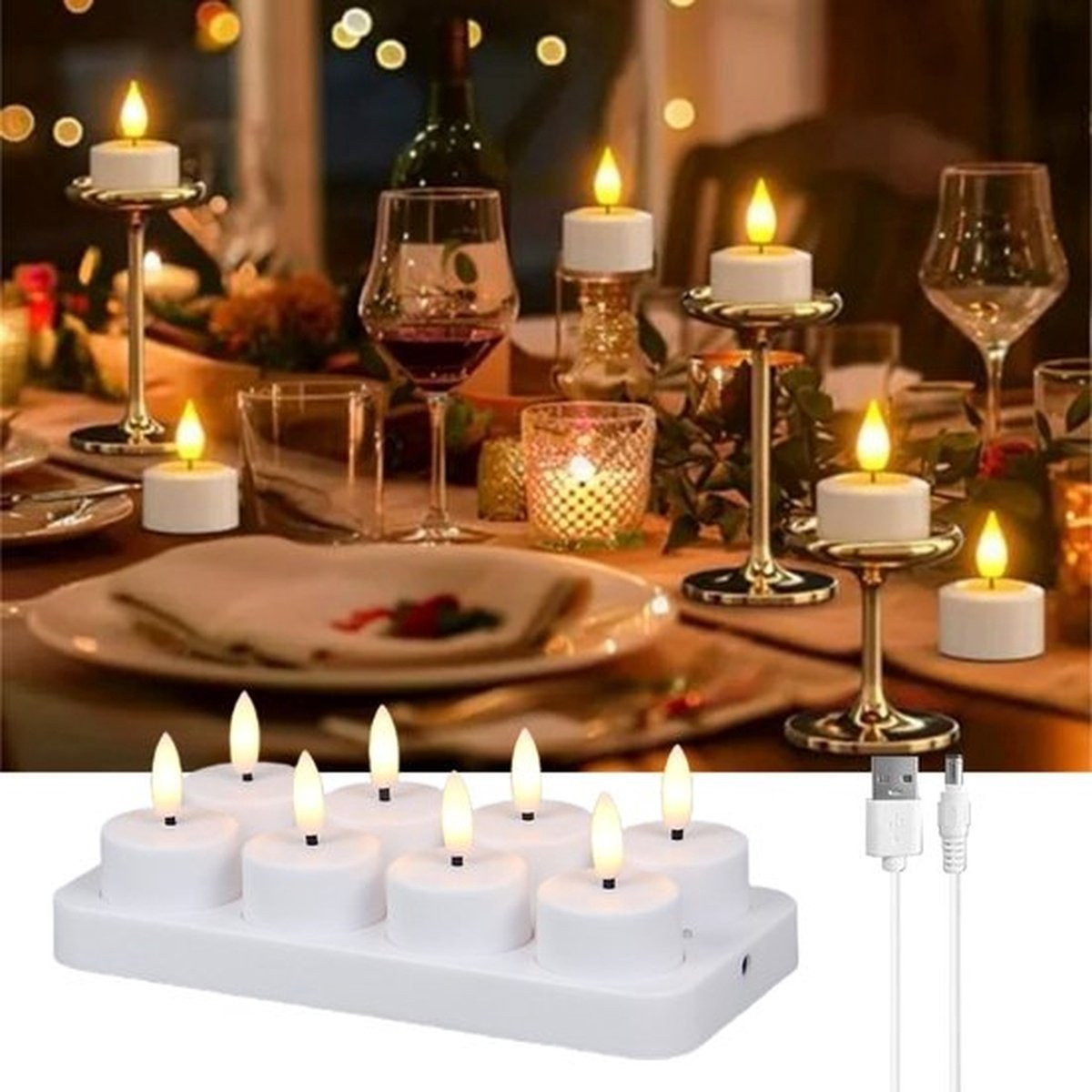 Mrilary Set van 8 Oplaadbare Led Theelichtjes met Oplaadbasis voor Kerst, Halloween en Feestelijke Decoratie