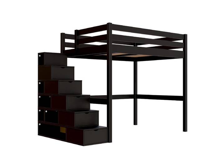 Lit mezzanine bois 140x200 Sylvia avec escalier cube 140x200 Noir