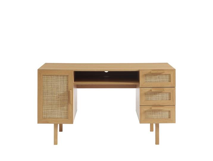 Bureau 1 porte 3 tiroirs en bois et cannage l135cm - bois clair