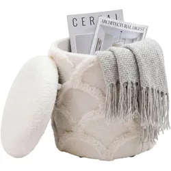 FineBuy, Hocker, Sitzhocker mit Stauraum Teddy Stoff 40cm Creme Stoffhocker Rund Polsterhocker (40 x 45 cm)