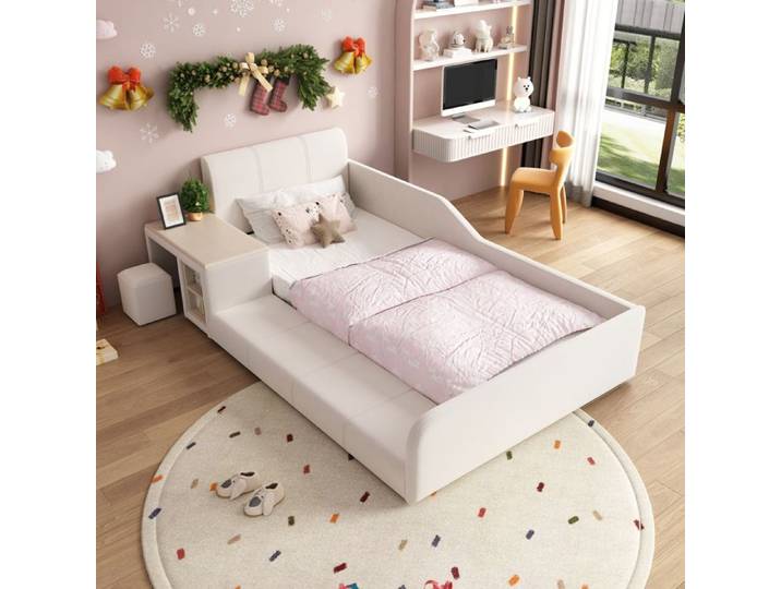 Lit enfant rembourré avec bureau - 90x200 cm - Avec bureau et tabouret - Tablette de rangement intégrée