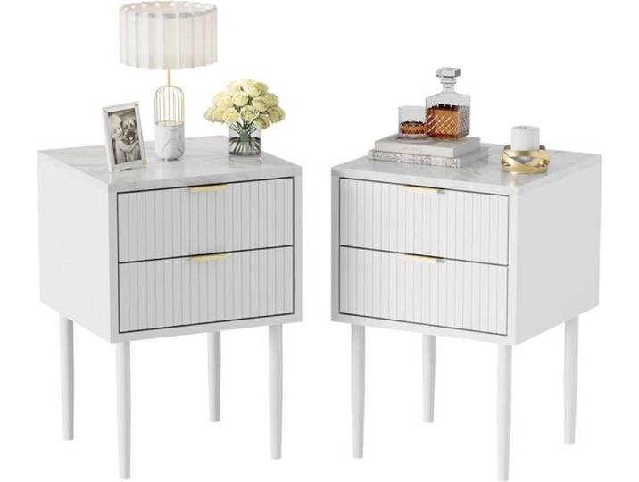 GOOBUY Lot de 2 Tables de Chevet Plafond Marbré avec Pieds en Métal 2 Tiroirs Style Scandinave Ligne 42 x 40 x 68 cm Blanc