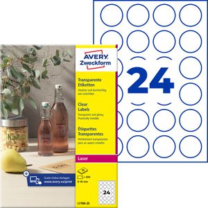 Zweckform Folienetiketten L7780-25, transparent, rund, Ø 40mm, wetterfest, 25 Blatt, 600 Stück
