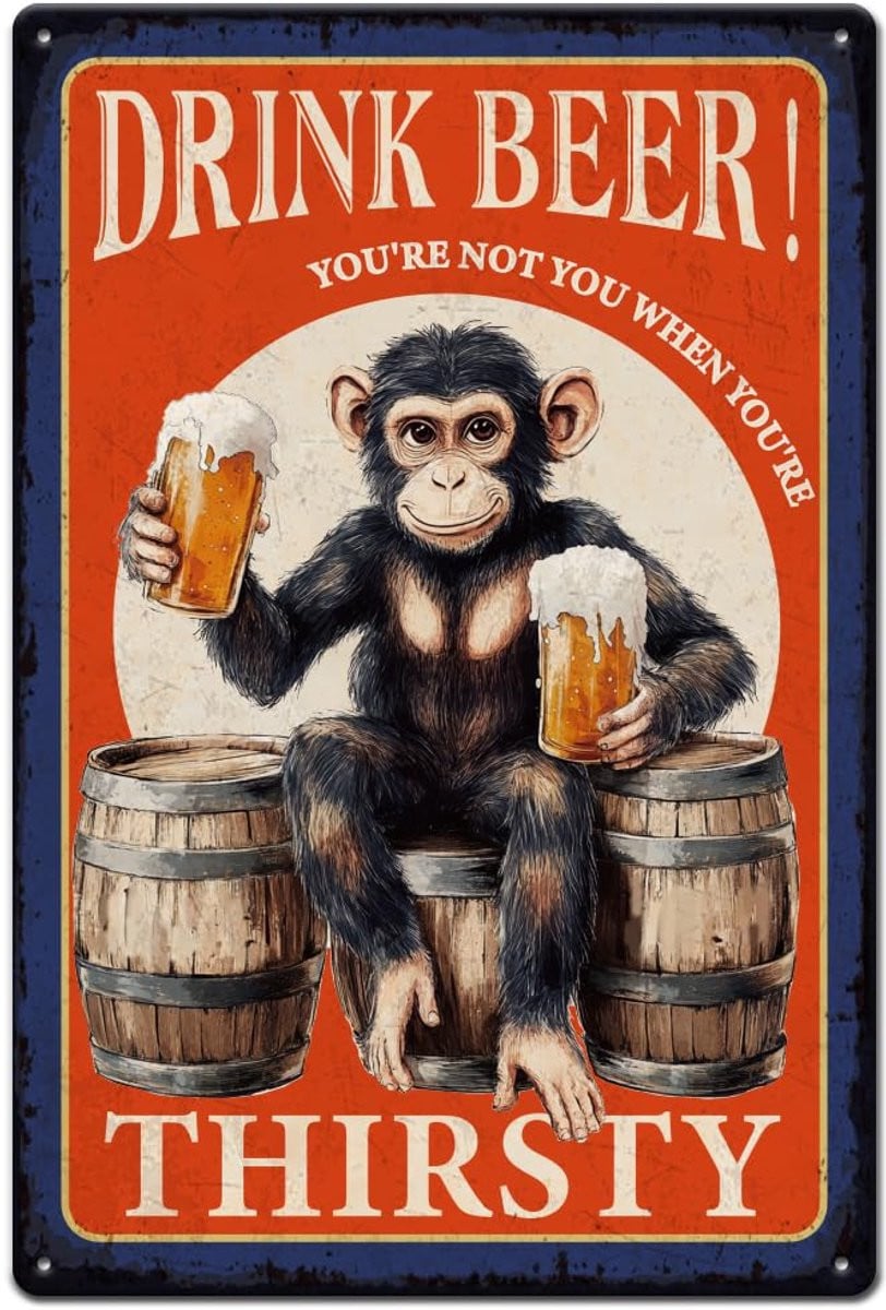 Vintage metalen wanddecoratie met gorilla en bier