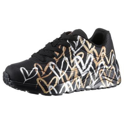 Plateausneaker SKECHERS "Skechers x JGoldcrown: Uno Lite - Metallic Love", Mädchen, Gr. 31, schwarz (schwarz kombiniert), Lederimitat, Glitzer, metallic, Schuhe Plateausneaker, Schnürschuh, Keilsneaker mit Herzchen im Metallic Look bedruckt