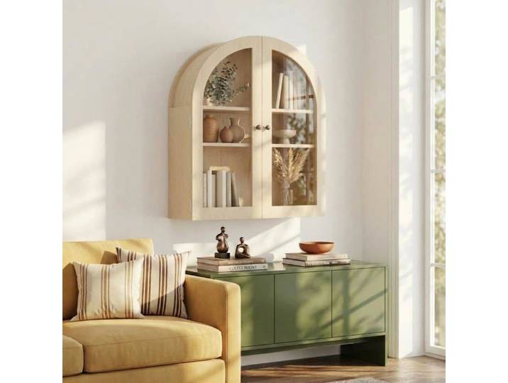Armoire murale moderne - LUNSY - Design arché moderne - Cadre en bois style ferme - Portes en acrylique