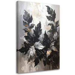 LEINWANDBILD, Schwarze Akanthus- und Lorbeerblätter auf beigem Hintergrund