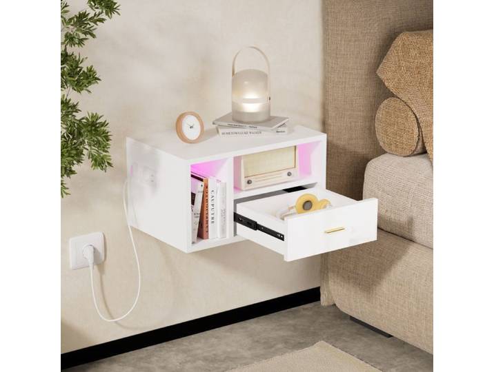 Table de chevet murale avec un tiroir 46.5x30x25.5cm - Meuble de nuit flottante en bois - Prise 1AC+2USB -Ruban LED réglable - Blanc