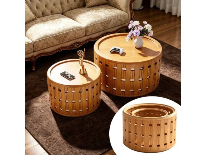 RYDZCLH Runder Couchtisch 2er-Set Holz mit Aussparungs-Design Moderner Runder Couchtisch OberfläChe FüR Wohnzimmer, Schlafzimmer Und Kleine RäUme,Keine Montage