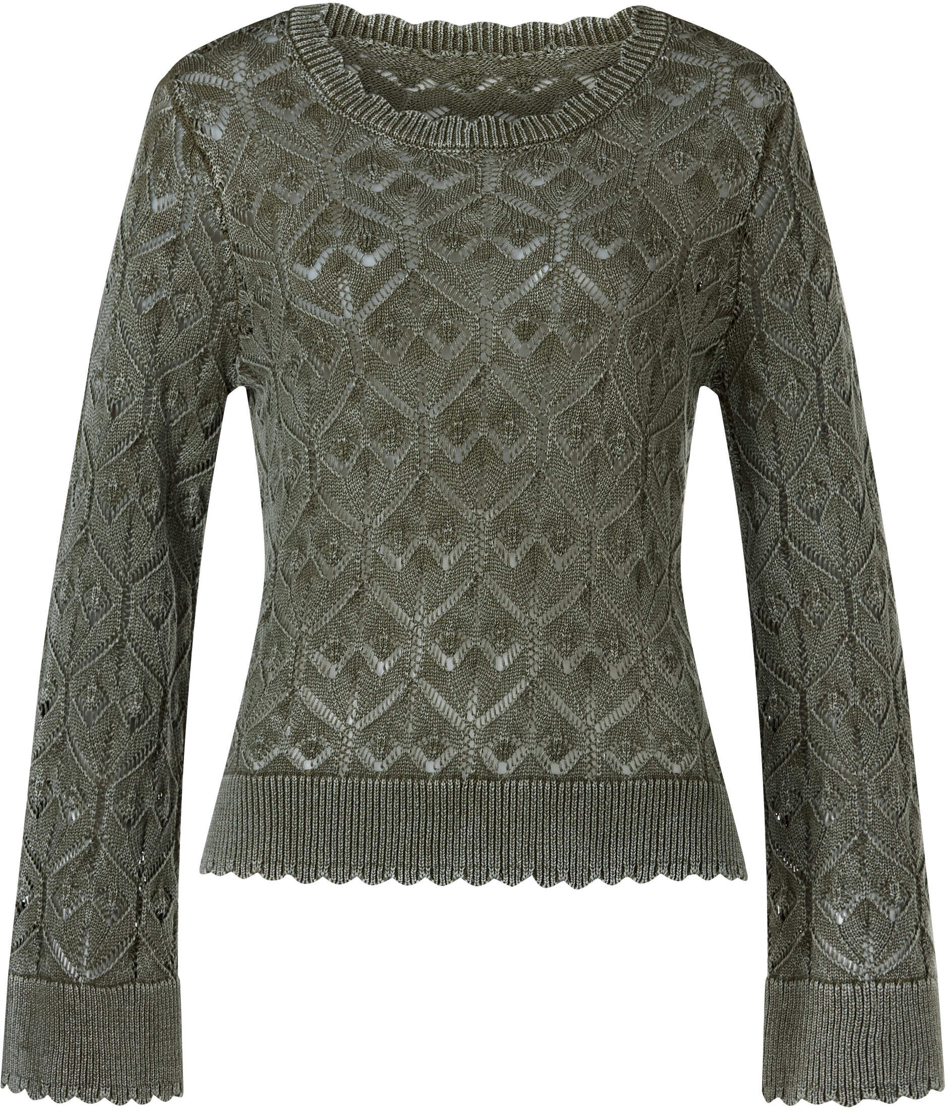 Strickpullover HEINE "Pullover Ajourpullover in Used-Optik", Damen, Gr. 48, grün (oliv), Strick, , Modisch, Rundhals, Pullover Strickpullover