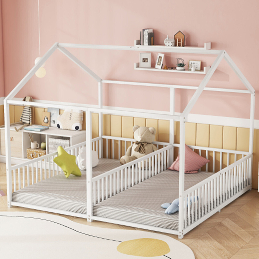 Kinderbett,Ohne Matratze, Geländer,Doppelbett Design, Doppelbett, Eisenrahmen, 90*200cm