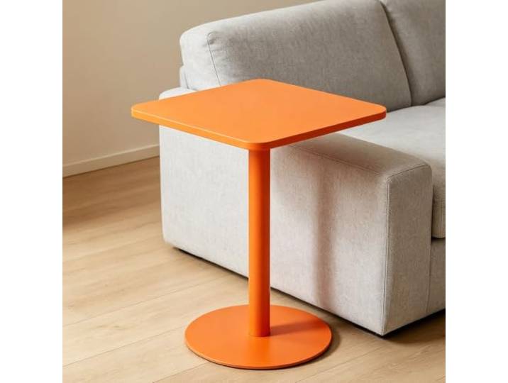 Yopappol Moderner Orangefarbener Quadratischer Beistelltisch, Freistehender Beistelltisch Mit Einzelsäule, Kompakter Akzent-Couchtisch Für Die Sofaecke Im Wohnzimmer, Wohnungsdekoration(48x48x72cm)
