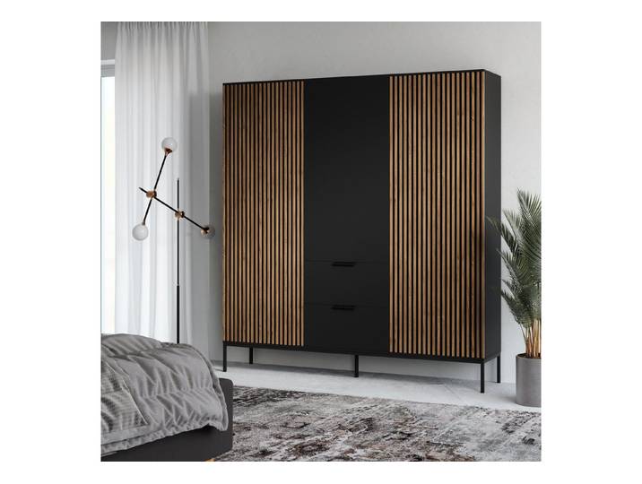 MOEBLO Drehtürenschrank Schrank Meteor 185 (Kleiderschrank Drehtürenschrank mit Schubladen Falttürenschrank 2-türig Schrank mit Einlegeböden und Kleiderstange Garderobe Schrank Schlafzimmer, artisan / schwarz) (HxTxB):200x60x185 cm