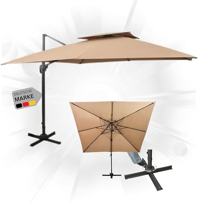 DELUKE Sonnenschirm rechteckig LOTI 300cm Taupe | UV-Schutz, Kippbar, Kurbelsystem | Ampelschirm rechteckig Freiarm Sonnenschirm 300 cm Kurbelschirm Standschirm Sonnenschutz Gartenschirm