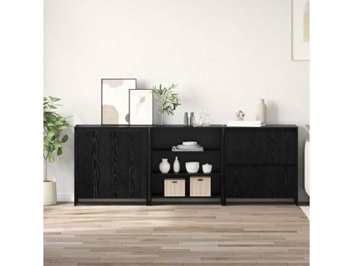 HEFZGDB Leicht zu reinigendes Sideboard mit Fester Oberplatte, dekoratives 3-TLG. Sideboard Schwarz Eichen-Optik aus Holzwerkstoff, praktischer Beistellschrank mit Stauraum
