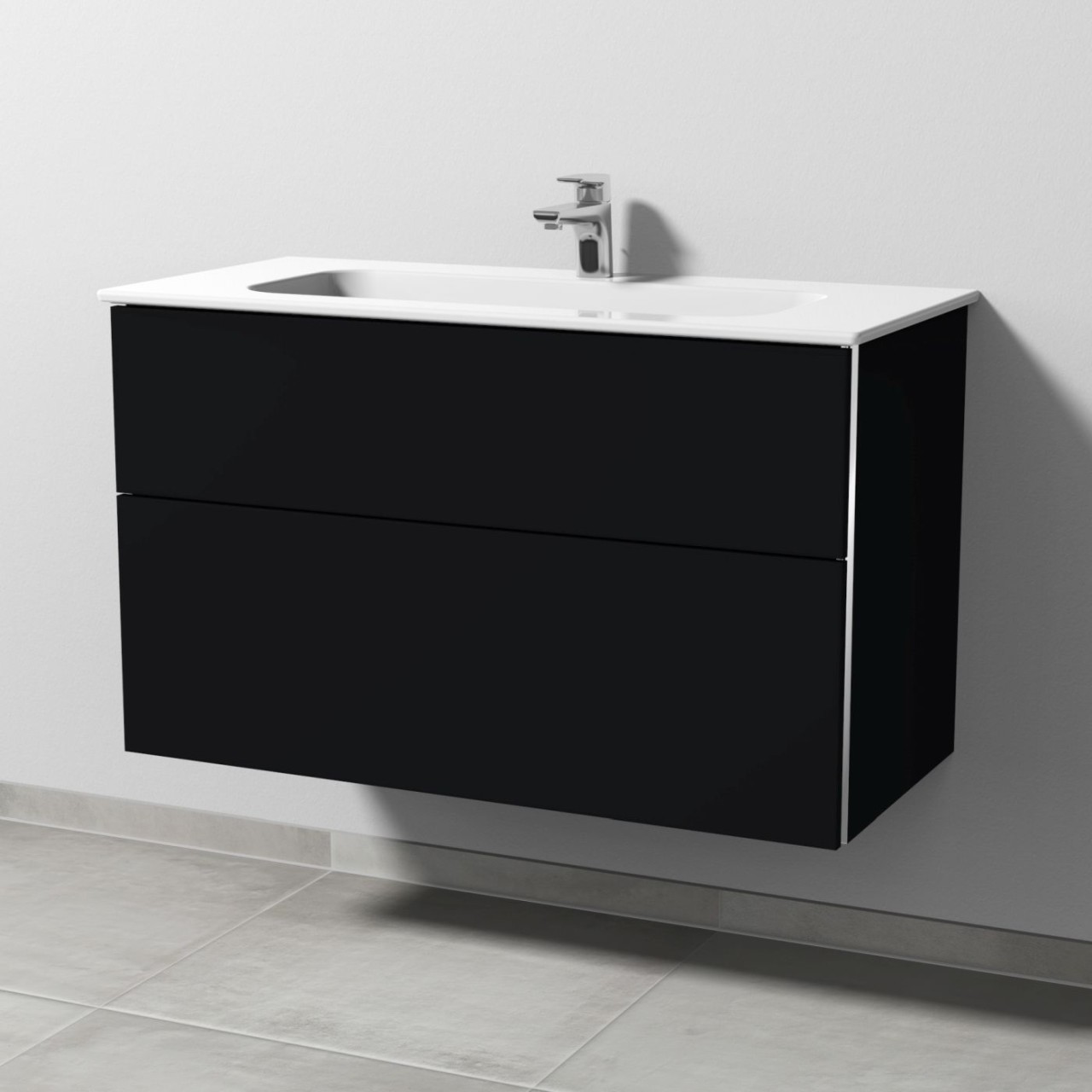 Sanipa 3way Keramik-Set Design Keramik-Waschtisch und Unterbau mit 2 Auszügen, Schwarz-Matt BS48108