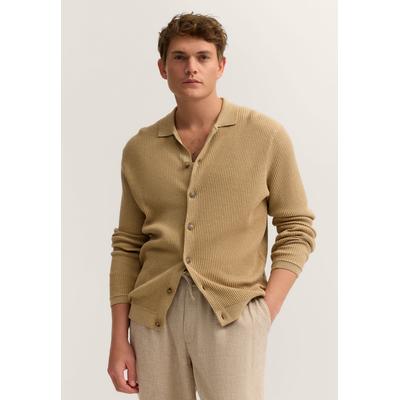 Strickjacke BUGATTI "Regular Fit", Herren, Gr. L, beige (40, beige), Rippstrick, 100% Baumwolle, unifarben, regular fit, Strickjacken Strickjacke, geknöpft mit Polokragen