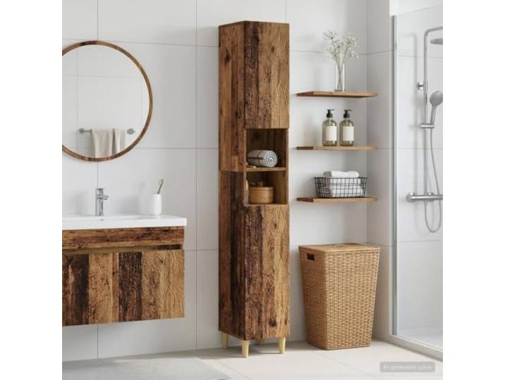 YUTAASU Badezimmerschrank Mit Offenem Regal, Holzwerkstoff, Altholz Platzsparend, Feuchtigkeitsresistent, Reversible Tür, Mehrere Fächer