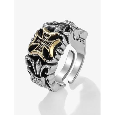 Gothic-Silberring für Herren mit Kreuzdetail – verstellbares Band im Vintage-Stil, aufwendiges Totenkopf- und Kreuzdesign für Punkrock-Mode