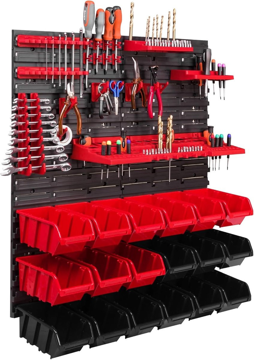 Gereedschap Organizer Wandrek Systeem met 18 Stapelboxen, Rood, 78 x 78 cm