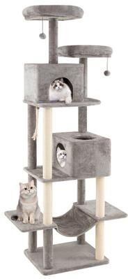 Costway 84 Inch Large Cat Tree with 2 Condos and 2 Soft Plush Perches for Indoor Cats-Gray