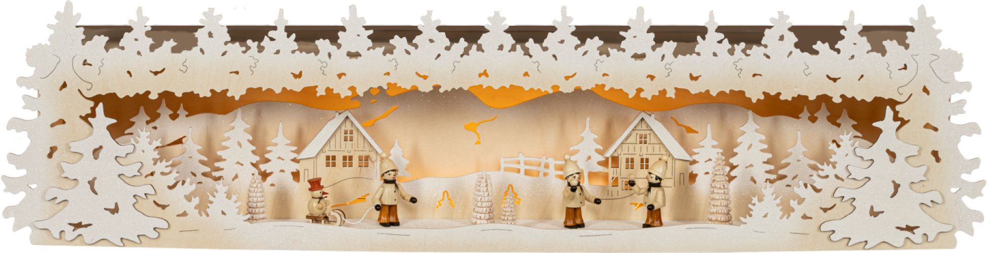Schwibbogen-Fensterbank SAICO ORIGINAL "Premium-Line-Lichterbogenerhöhung, Kinder im Schnee", beige (natur), B:76,5cm H:19cm T:14,5cm, Holz teilmassiv, Schwibbögen, Schwibbogen-Fensterbank, mit Figuren, LED-Stripe, warmweiß, BxHxT: 76,5x19x14,5 cm