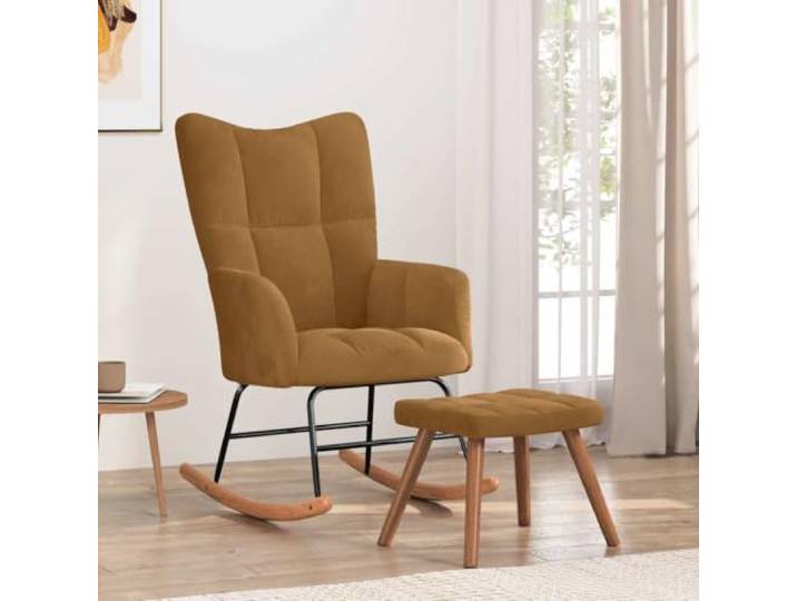 NLQMSU Schaukelstuhl mit Hocker, Velours, Braun Dicker Schaumstoff, Stahlstruktur, Holzschienen, optimaler Komfort, stabil, langlebig