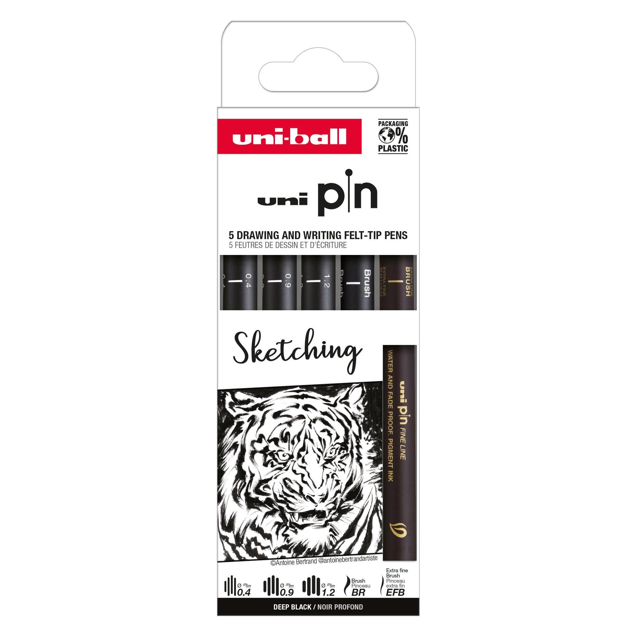 Uni-ball Fineliner PIN ""Sketching"" PF, 5er Set wasserbeständige, pigmentierte Tinte, metalleingefasste (5x) (PIN/5 ASP017)
