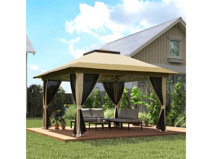 Outsunny Tonnelle Pliante 3,6x3,6m Beige UPF50+ avec Parois Mesh
