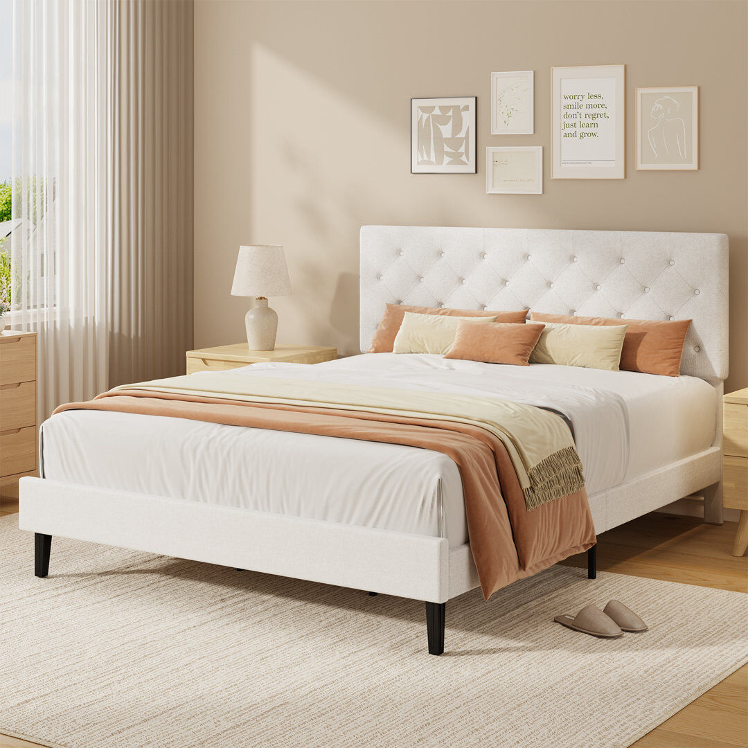 Rebrilliant Bed Frames with Button Tufted Headboard, Linen Upholstered Bed with Wooden Slats Support White 150x200