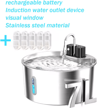 Inspire Picks 7L Wireless Rechargeable Pet Water Fountain Stainless Steel Cat & Dog Water Dispenser With Visual Window fountain 5 Chips