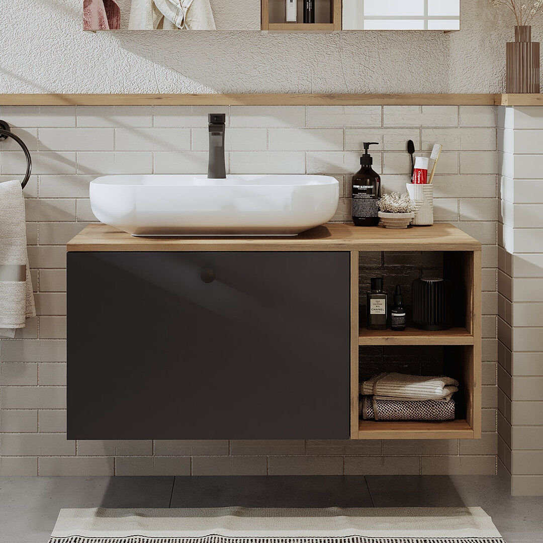 Ebern Designs Rosaliyah Bathroom Vanity Unit with Ceramic Washbasin 95cm Anthracite/Oak 95mm W