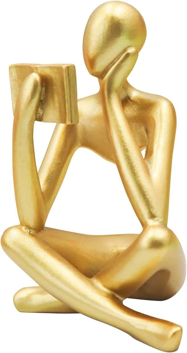 Gouden Lezende Vrouwenbeeld - Abstracte Denker Sculptuur - Moderne Esthetische Decoratie voor op Tafel of Bureau