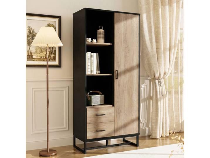 Buffet haut - ZEVKOR - Buffet haut 1 porte 2 tiroirs 3 niches - MDF décor bois - Pieds métalliques - 80×40×180 cm