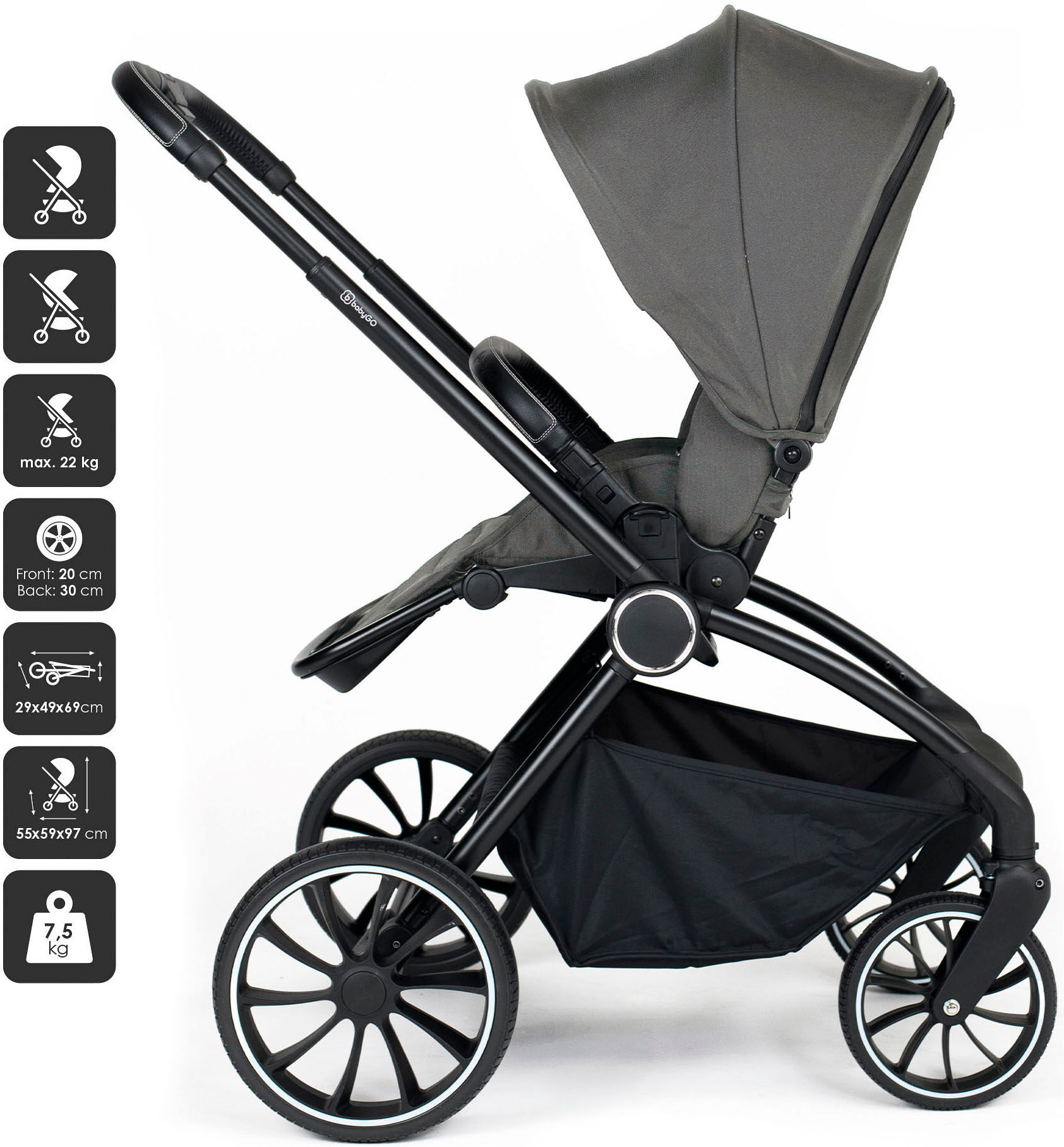 Kombi-Kinderwagen BABYGO "Harmony 3in1", Kinder, grau, Aluminium, Polyester, Kinderwagen, inkl. Babyschale mit Adaptern