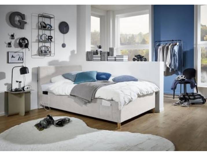 Meise Möbel Kinderbett Cool 120x200 cm Bettkasten & Lattenrost Cordstoff NATA Holzfuß eichefarbig