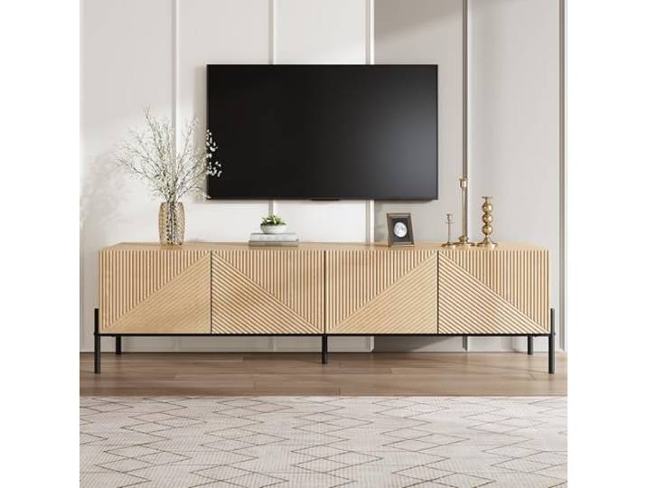 Ropilly TV-Schrank 163cm, TV-Lowboard mit 4 Türen, 3D-Textur Natur Lowboard in Holzoptik mit 3D‑Textur und Push‑to‑Open‑Türen, stabilen Metallbeinen, Maße 163,5x40x45 cm.