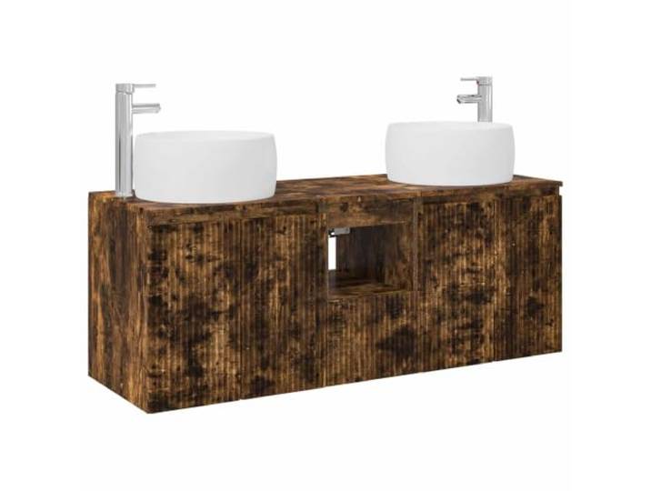 GHVBNMF Badezimmerschrank Set 3-teilig Wandmontage Geräucherte Eiche Platzsparendes Hängeschrank Ensemble fürs Badezimmer mit flexibler Bohrung für Armaturen und viel Stauraum.