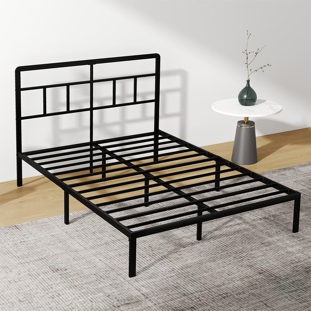 17 Stories Metal Bed Frame Heavy Duty Platform with Headboard Black Double (4'6)