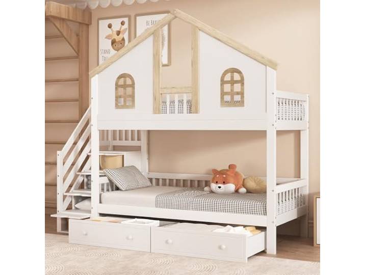 Merax Hochbett 90x200cm, Kinderbett Etagenbett für 2 Kinder, Hausbett mit Treppe Stauraum & Schubladen, Baumhaus Bett mit Fenster & Dach, Rausfallschutz & Lattenrost, Kiefer+MDF, Ohne Matratze, Weiß
