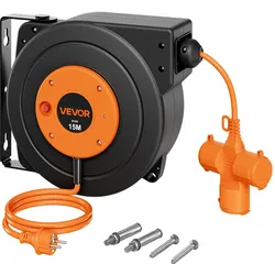VEVOR Kabeltrommel 15 m 3000 W Automatischer Kabelaufroller 16 AWG/3-adrig, zur Decken-/Wandmontage, 3 Steckdosen, 56 °C Überhitzungsschutz, Beleuchtete Dreifachsteckdose, mit 180°-Schwenkhalterung