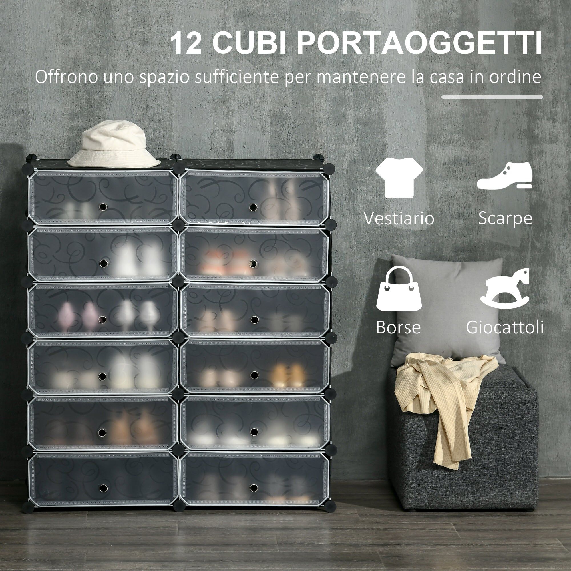 giordanoshop Scarpiera Modulare 94x37x108 cm 12 Cubi in Plastica e Acciaio Nero e Bianco...