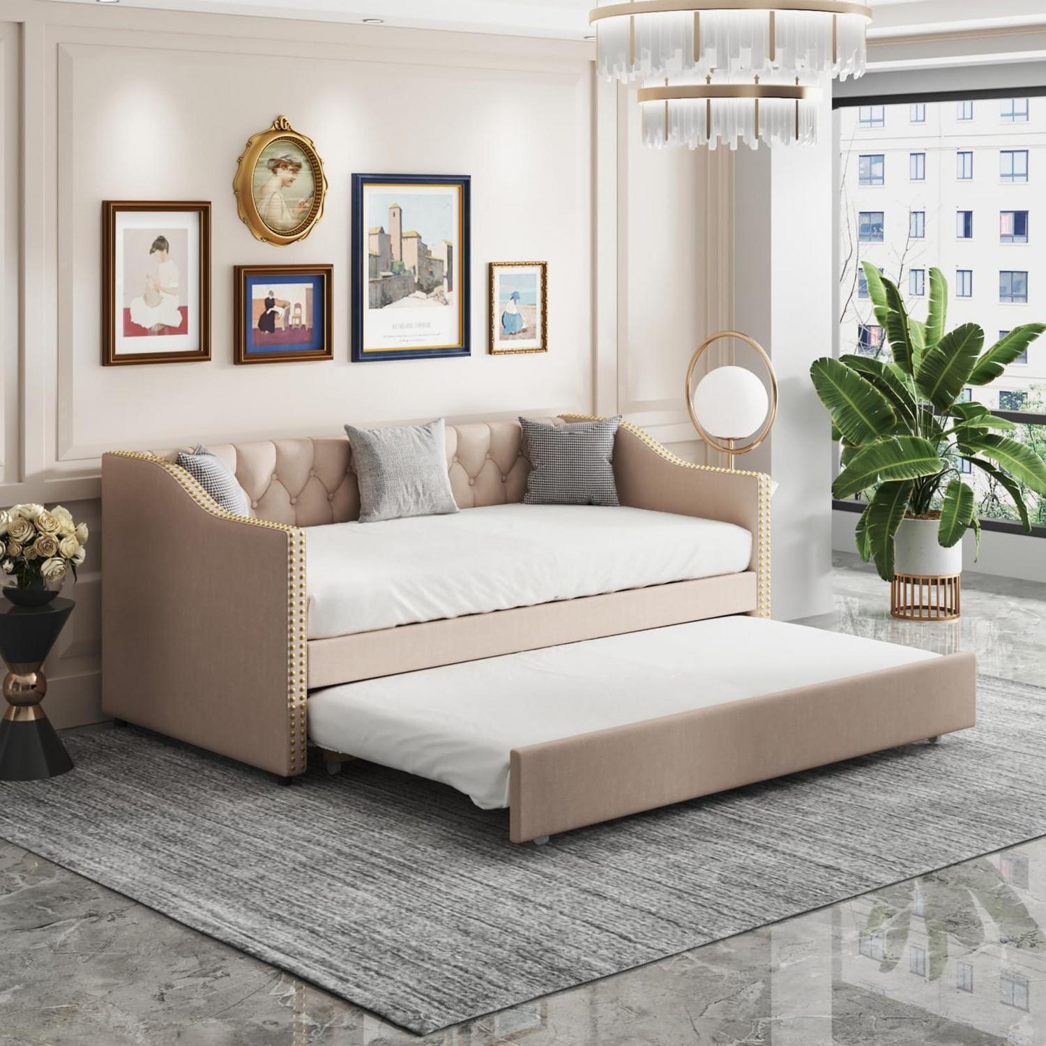 Schlafsofa 90/180x200 cm ausziehbar Doppelbett mit Lattenrost Polsterbett 2 Personen Samt Beige