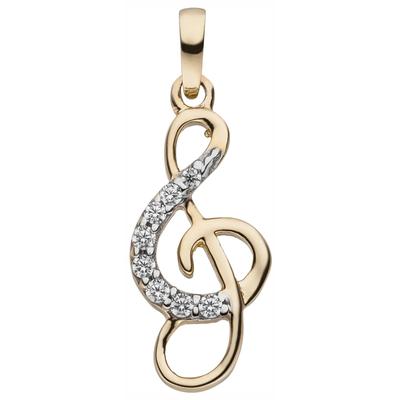 Kettenanhänger JOBO "Anhänger Musik Notenschlüssel 18 mm", gelbgold 333, weiß, Schmuckanhänger, Damen, Gelbgold 333, Kettenanhänger, 333 Gold mit 8 Zirkonia